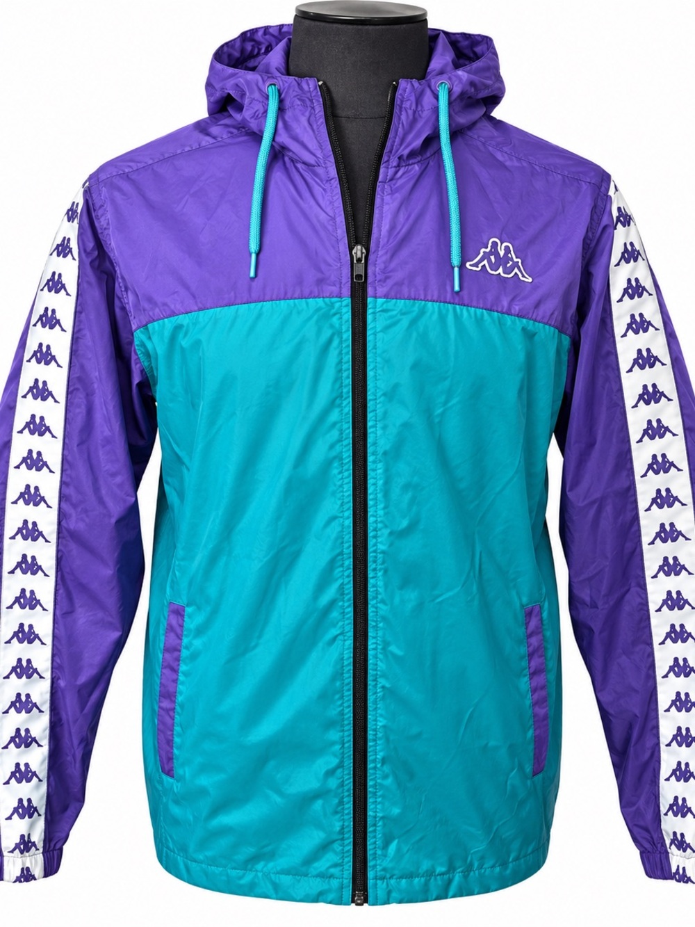 Kappa Men's Teal and Purple Hooded Windbreaker with Logo Tape